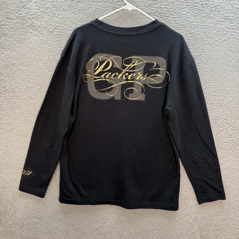 Green Bay Packers Shirt Adult Extra Large Black Waffle Knit Thermal Football Y2K - Picture 2 of 10